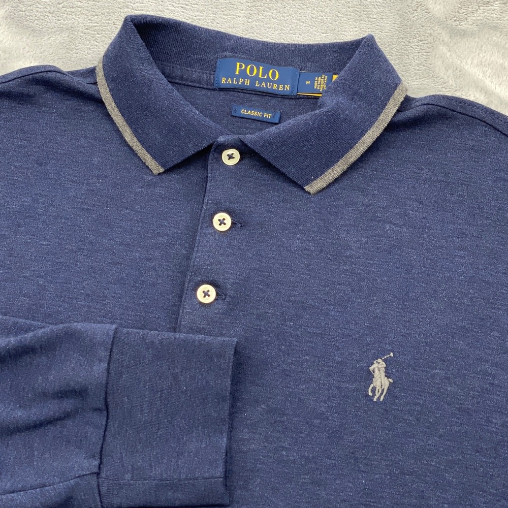 Polo Ralph Lauren Mens Medium Classic Fit Long Sleeve Polo Shirt Heathered Blue